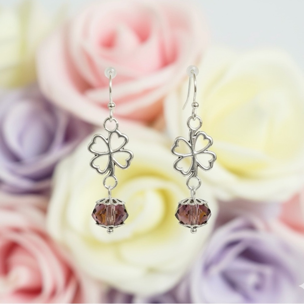 Silver Clover Earrings with Purple Beads